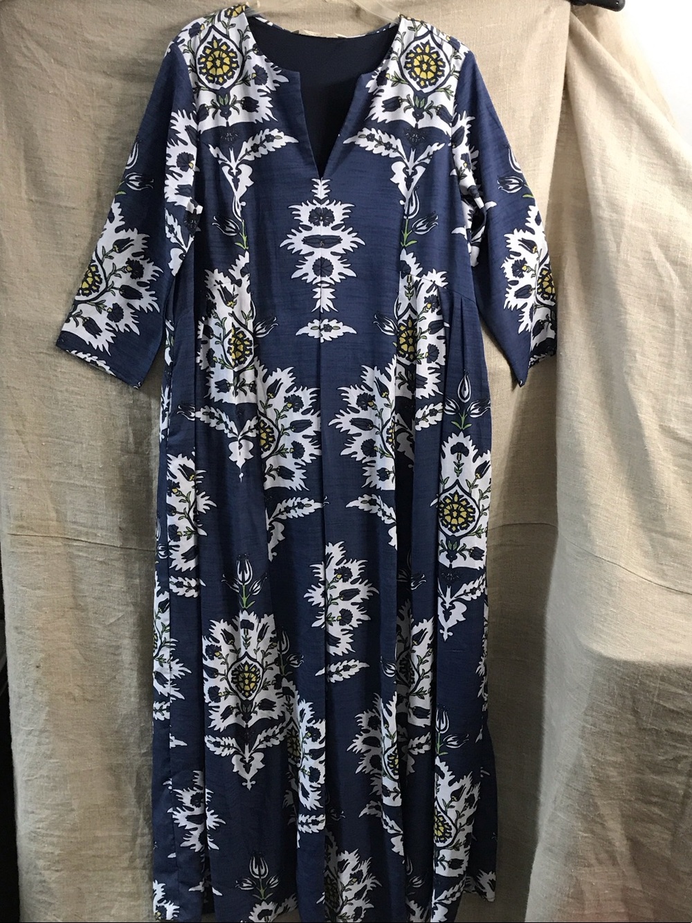 Navy Floral Maxi Dress with V-Notch Neckline by Wayward Fancies